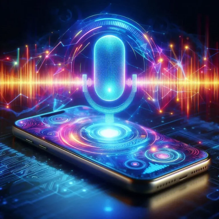 The generated image represents a vibrant and futuristic concept of AI voice technology, featuring glowing AI waves and a sleek phone with digital soundwave patterns.